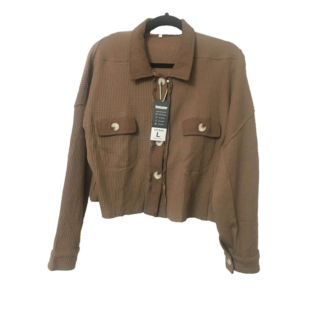 Himosyber Women's Waffle Knit Cropped Jacket Top Size Large Taupe Brown